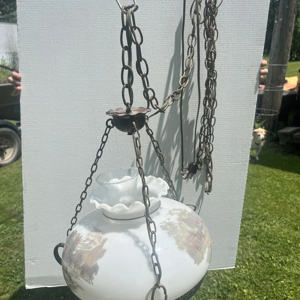 Vtg Aladdin Electric Milk Glass Library Hanging Lamp Chandelier 10
